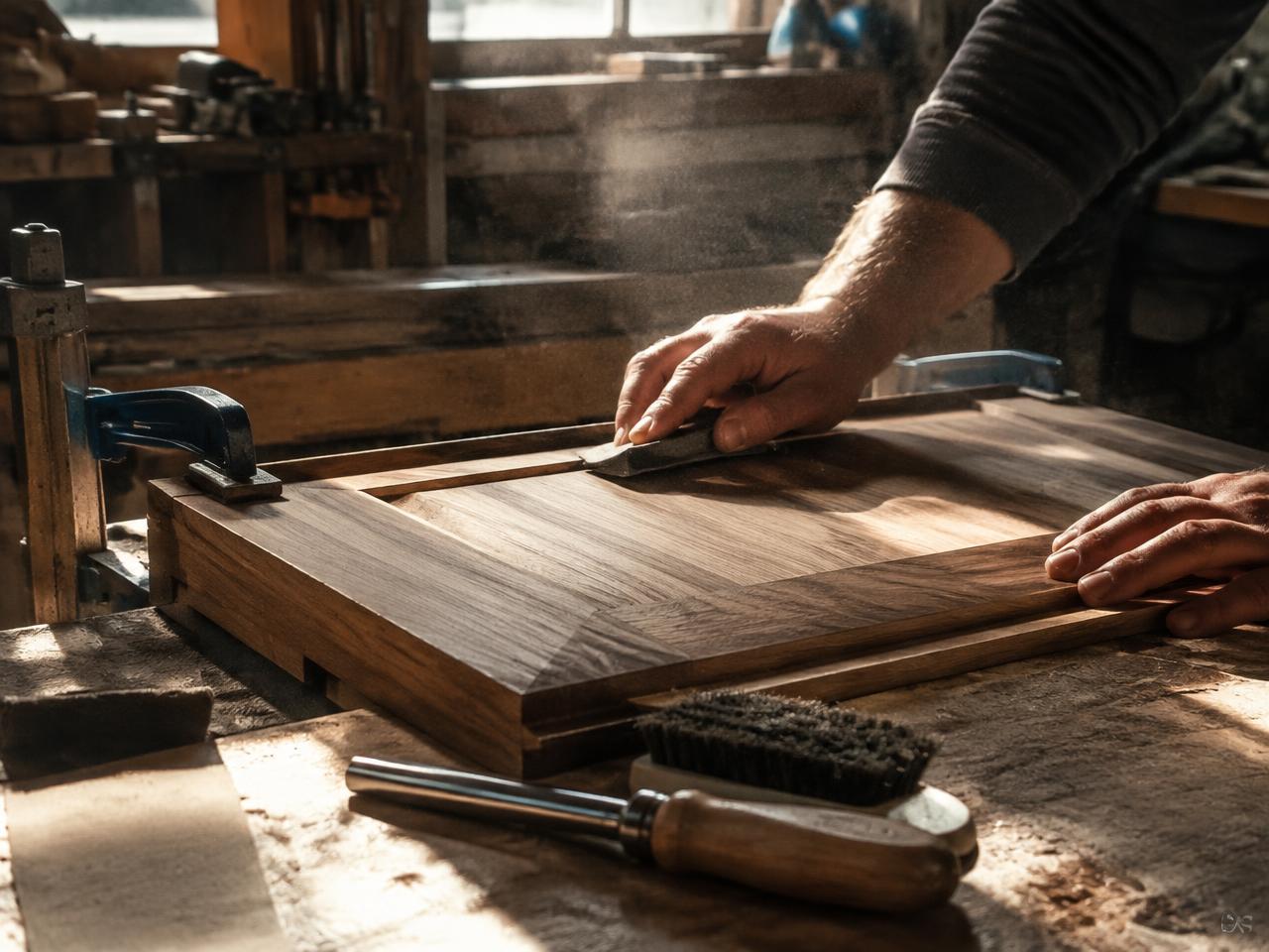 Hand finishing a walnut panel