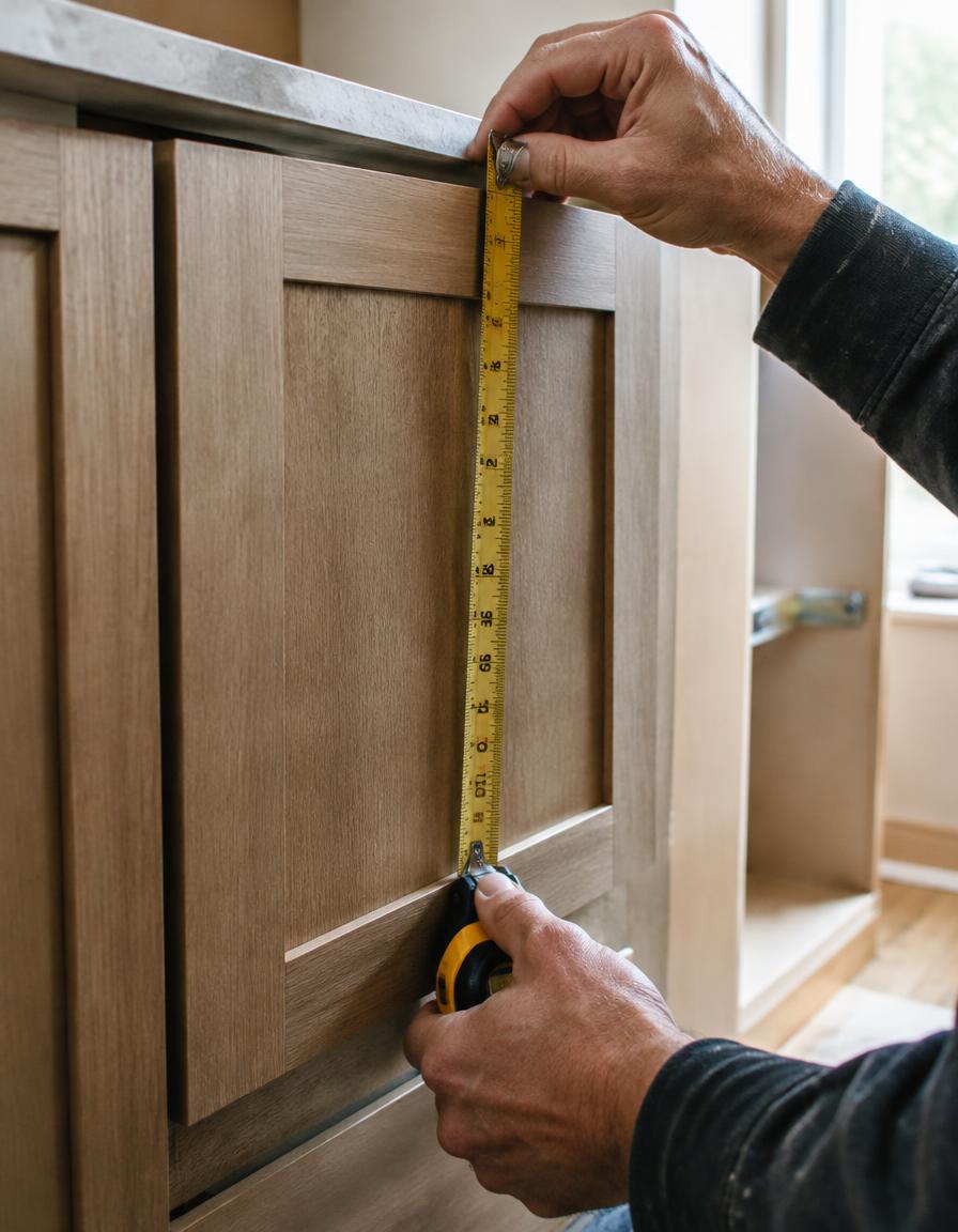 Installer measuring cabinetry on site