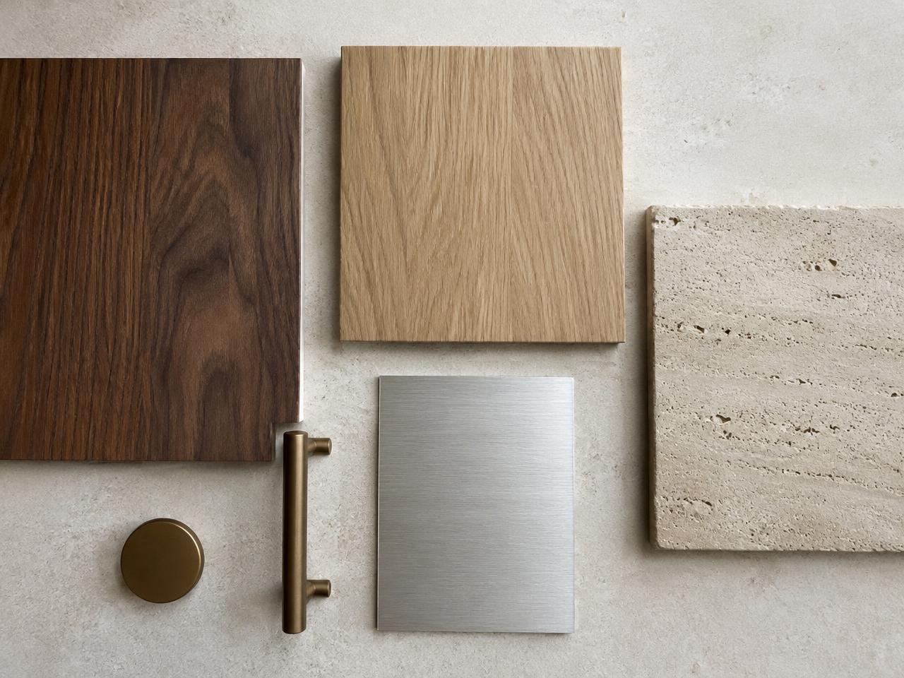 Walnut, oak, travertine and brushed steel samples