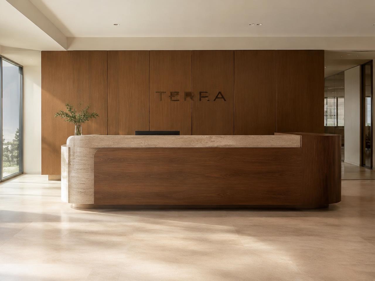Walnut and stone reception desk