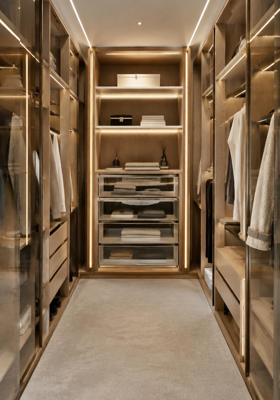 Oak walk-in wardrobe with lighting
